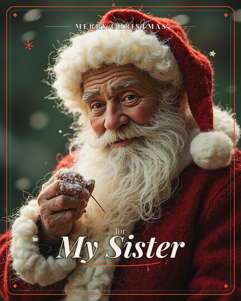 A close-up portrait of a man dressed as Santa Claus, with a long curled white beard and a red hat trimmed in wool, holding a sugar-dusted pastry on a…, a christmas e-card design