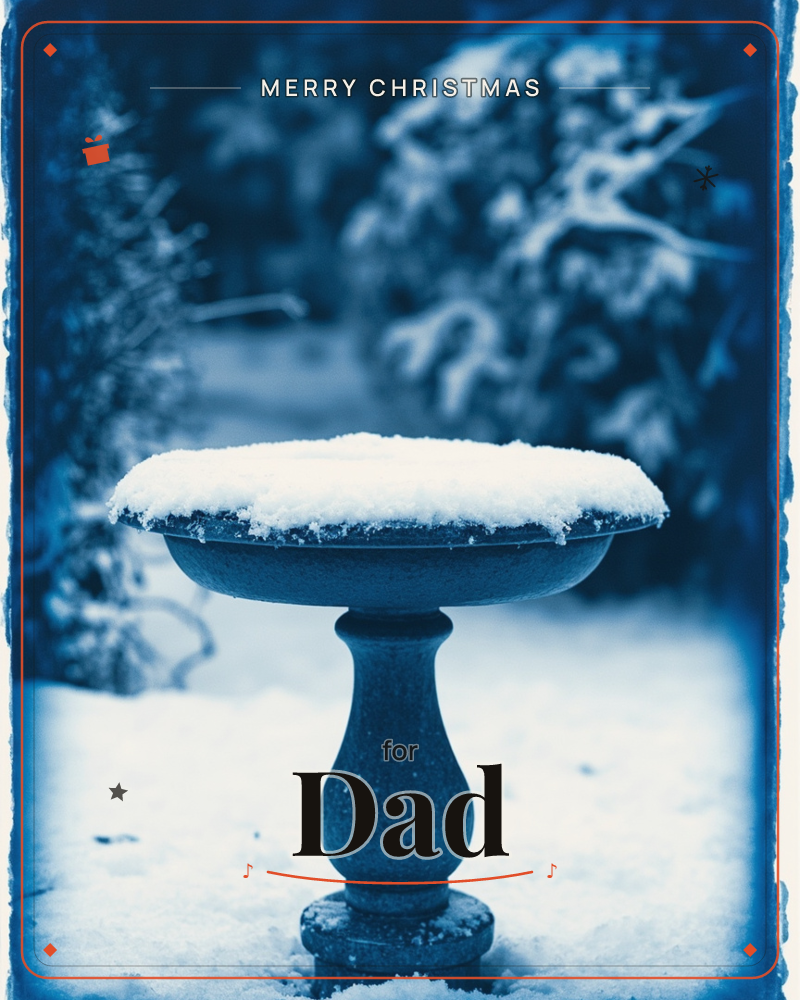 A stone birdbath stands in a snow-covered garden, its wide basin capped with a thick layer of fresh snow, a christmas e-card design