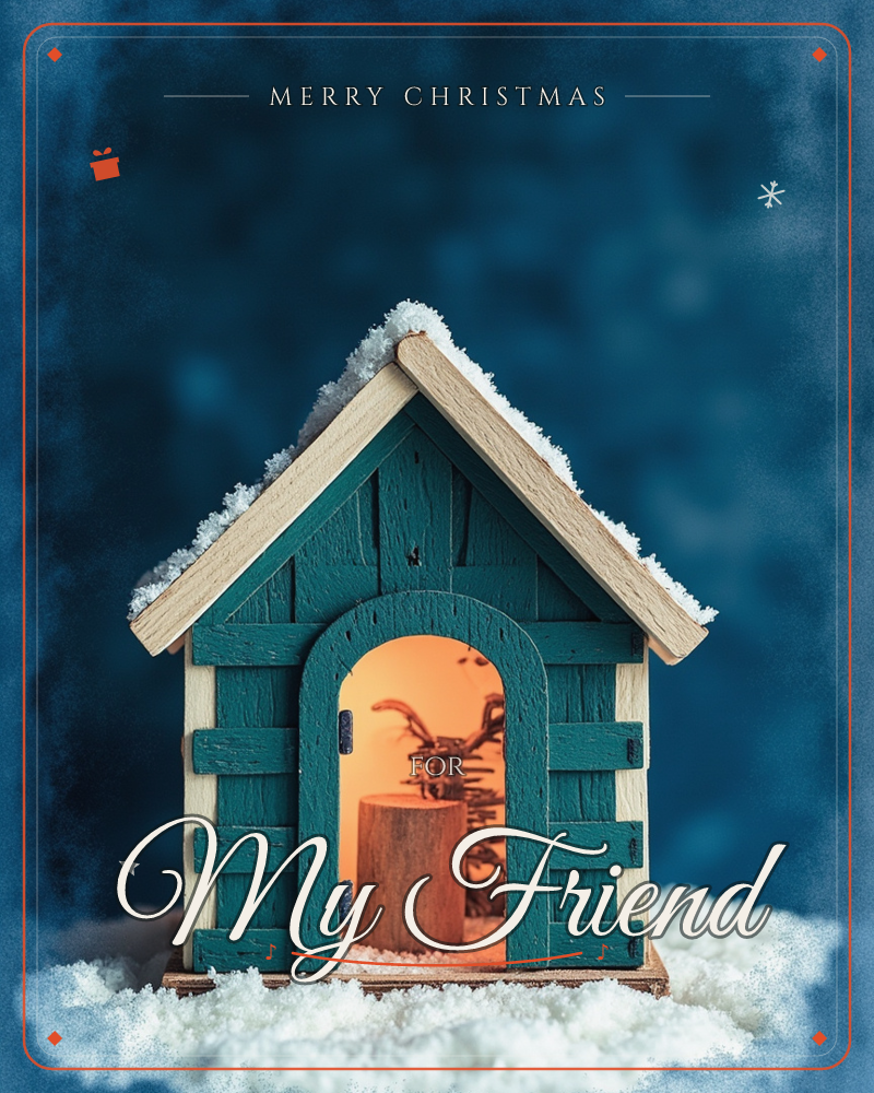 A miniature wooden house painted teal sits nestled in drifted snow, its peaked roof dusted white and its open doorway glowing with warm amber light, a christmas e-card design