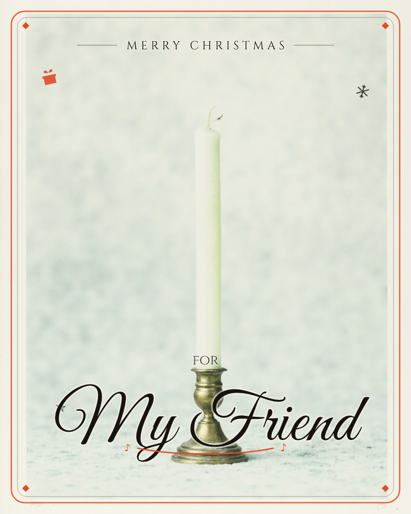 A single unlit taper candle stands in a small brass candlestick, its wick untouched, set against a softly mottled grey-blue backdrop, a christmas e-card design
