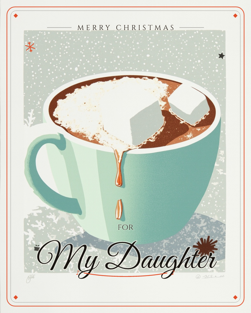 A teal mug of hot chocolate fills the page, topped with a melting marshmallow that drips down its side onto a snow-dusted background, a christmas e-card design