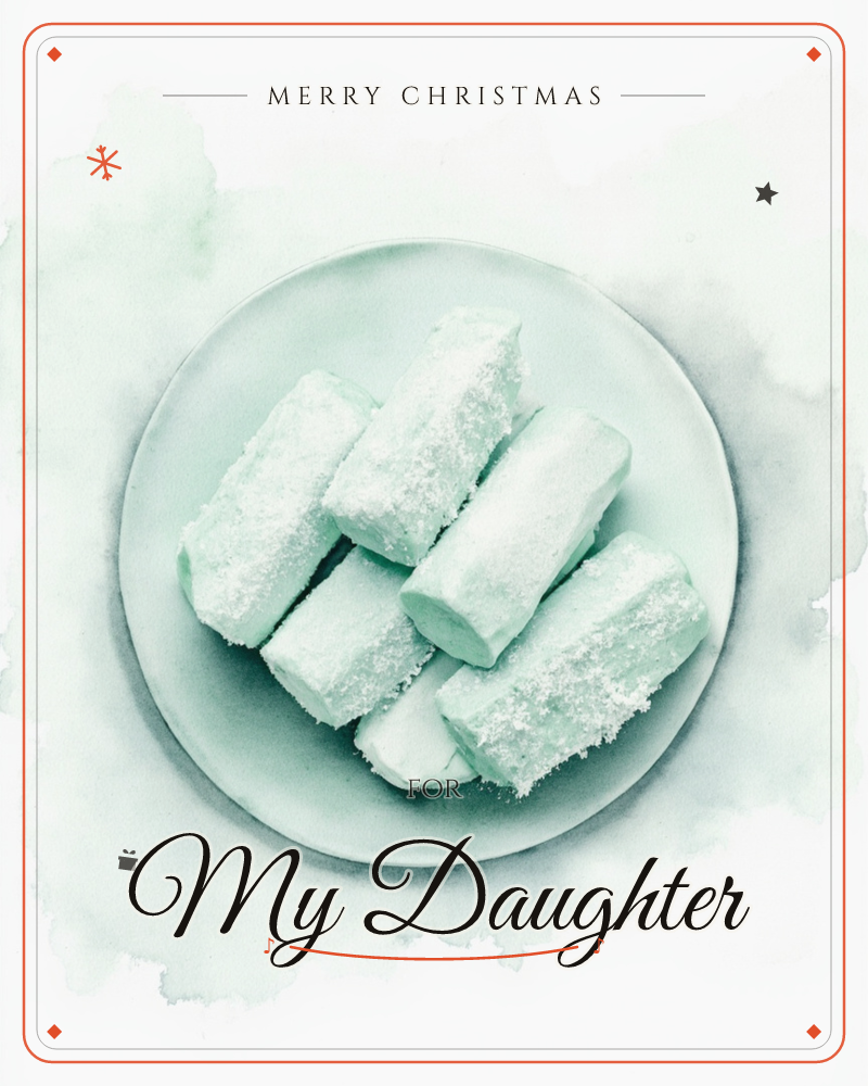 A round plate holds a small stack of coconut-dusted marshmallow bars, viewed from directly above, a christmas e-card design
