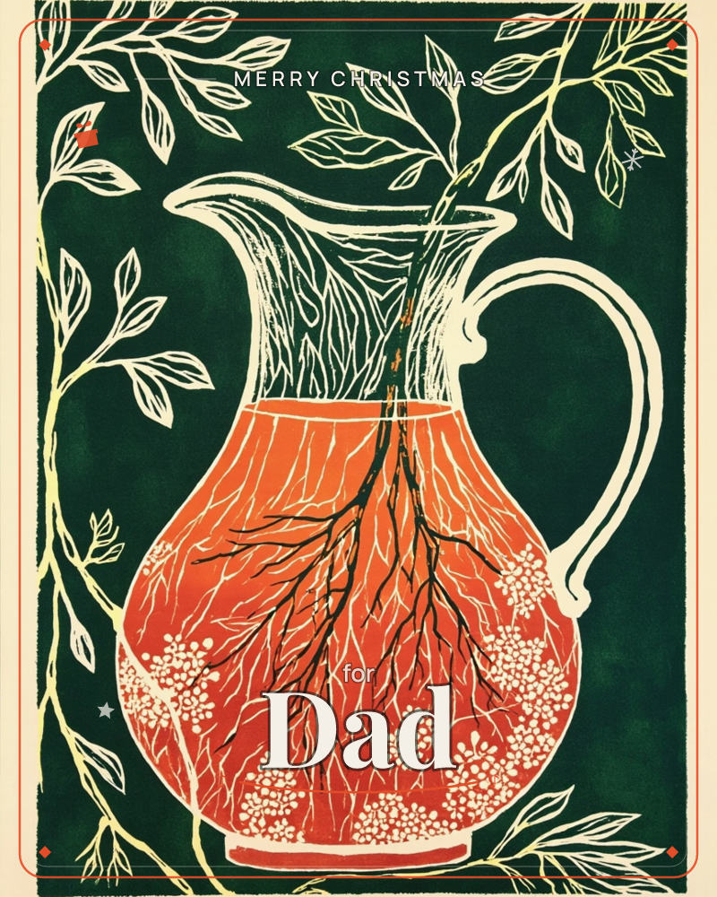 A woodblock-style print shows a burnt-orange pitcher against a deep forest-green background, its surface etched with fine black roots and small pale…, a christmas e-card design