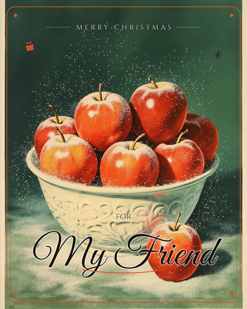 A carved white ceramic bowl overflows with glossy red apples, one having tumbled out to rest on the table beside it, a christmas e-card design