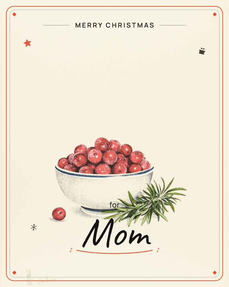 A white bowl with a thin navy rim sits heaped with glossy red cranberries, one berry escaped and resting alone beside its base, a christmas e-card design