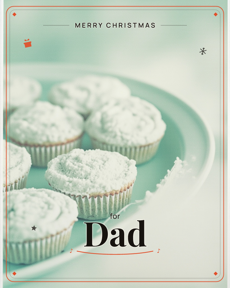 A soft-focus photograph shows a plate of powdered-sugar muffins arranged in a loose cluster, their crumbly white tops dusted thick with sugar, a christmas e-card design