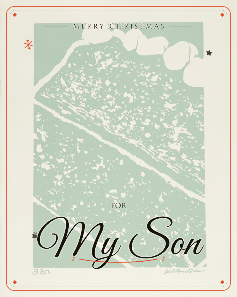 A print built from a single sage-green shape on cream paper, showing a diagonal slab cut through with a bright unprinted seam, and a cluster of rounded…, a christmas e-card design