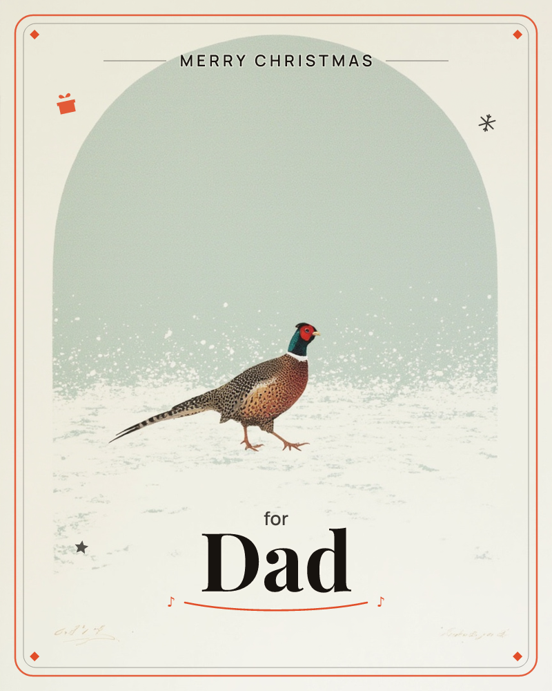 A pheasant strides across snowy ground beneath an arched sage-green sky, its russet feathers, white neck ring and scarlet face vivid against the muted…, a christmas e-card design