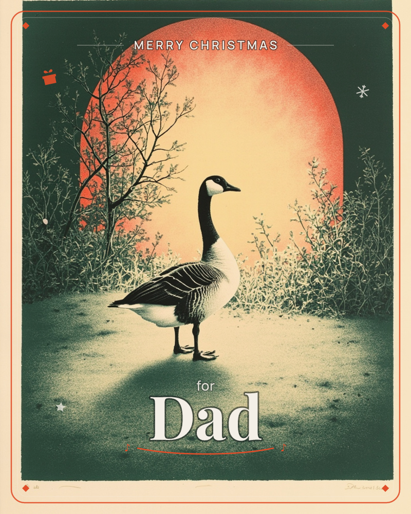 A Canada goose stands alert on bare ground, its dark head and neck silhouetted against a huge glowing orange sun that fills the upper half of the image…, a christmas e-card design
