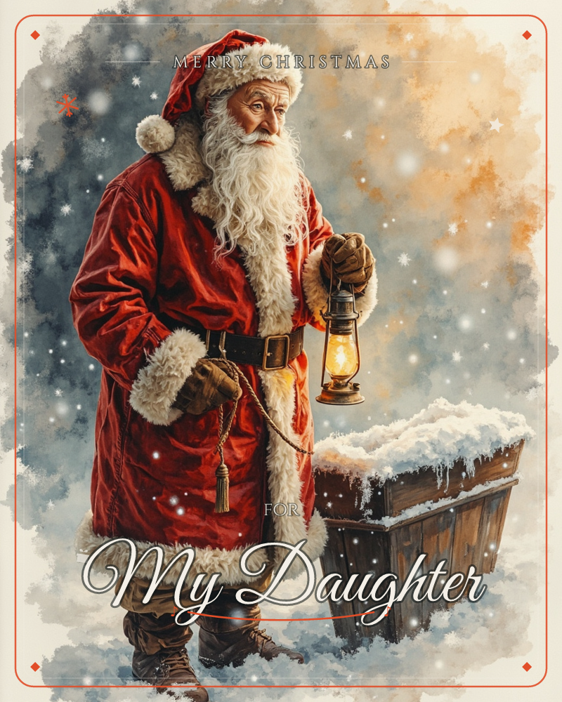 A weathered Santa in a deep red fur-trimmed coat stands beside a snow-heaped wooden crate, holding up a glowing lantern against a swirling twilight…, a christmas e-card design