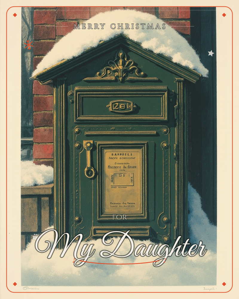 An ornate antique green mailbox with brass fittings stands against a red brick wall, its pediment roof capped with a thick pillow of fresh snow, a christmas e-card design