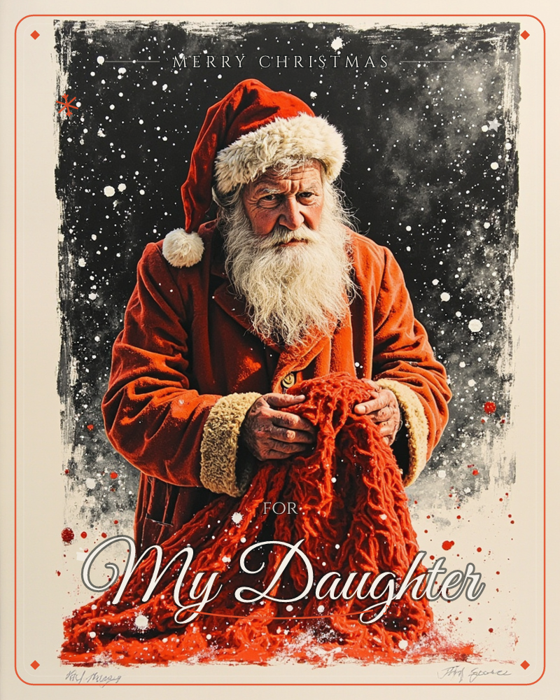A weathered Santa in a rich red fur-trimmed coat and hat stands against a dark, snow-flecked night sky, his long white beard catching the light as he…, a christmas e-card design
