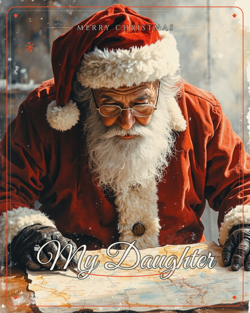 Santa leans over a worn paper map spread on a wooden table, one gloved hand tracing a route with a pen, a christmas e-card design