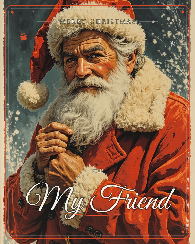 A close-up portrait of Santa Claus, his weathered face framed by a thick white beard and a fur-trimmed red hood, hands clasped together at his chin, a christmas e-card design