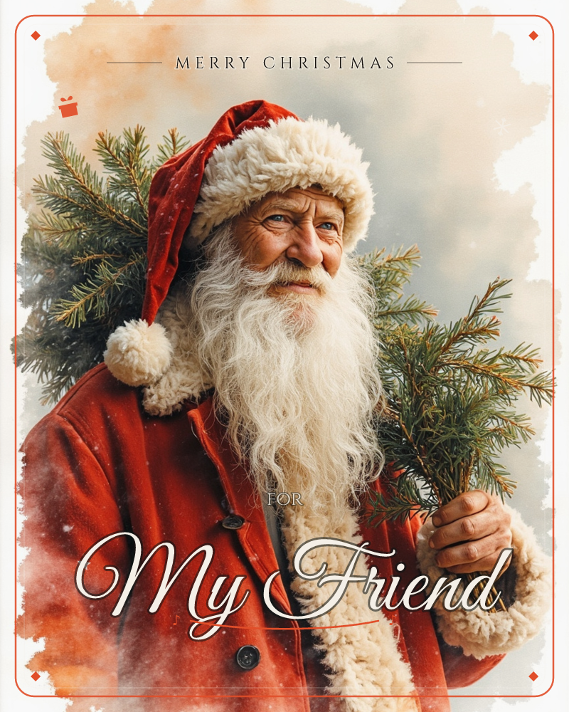 A watercolour portrait shows a white-bearded man in a red fur-trimmed coat and cap, carrying pine branches over his shoulder and in hand, a christmas e-card design
