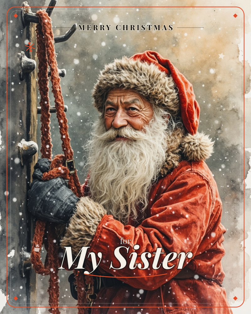 A watercolour Santa stands close, gripping a set of leather harness reins against a wooden post, snow falling thick around him, a christmas e-card design