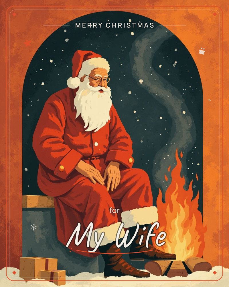 Santa sits quietly on a stone ledge inside a glowing arched alcove, warming himself beside a crackling bonfire under a starry night sky, a christmas e-card design