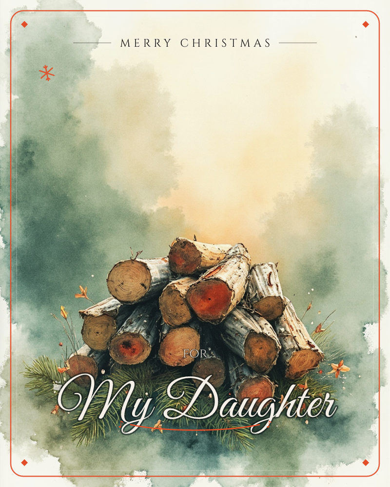 A stacked pile of cut logs sits nestled among fir sprigs and scattered orange berries, painted in loose watercolour washes, a christmas e-card design