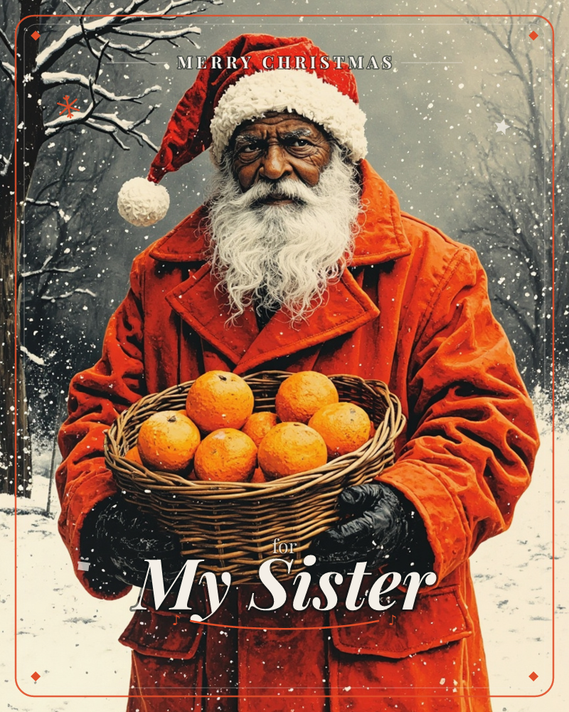 A man dressed as Santa in a long red coat and fur-trimmed hat stands in a snowy wood, holding a woven basket piled with oranges, a christmas e-card design
