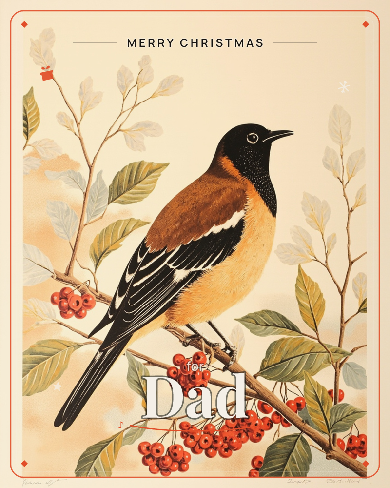 A black-headed songbird with a burnt-orange breast and crisp white wing bars perches on a berry-laden branch, surrounded by clusters of small red…, a christmas e-card design