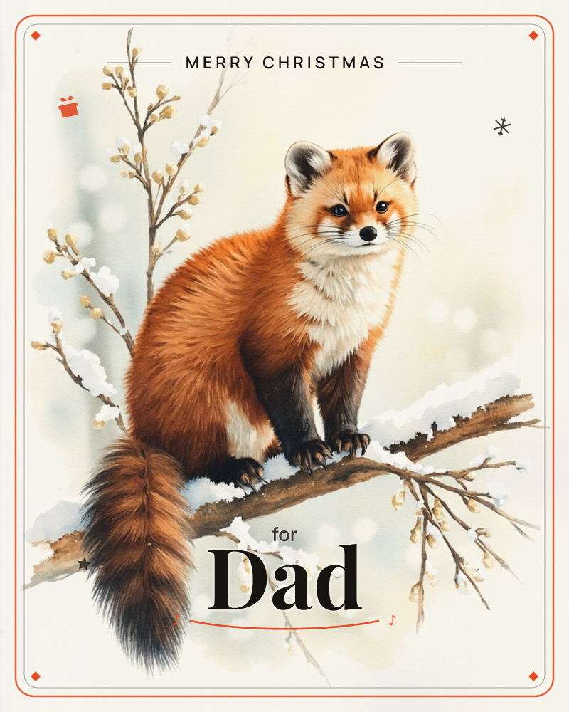 A red fox perches neatly on a snow-dusted branch, its bushy tail curling down below, surrounded by bare winter twigs tipped with catkins, a christmas e-card design