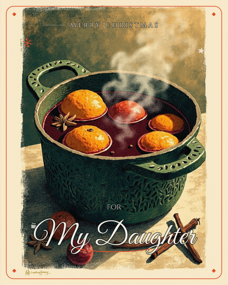 A green cast-iron pot with lace-cut handles simmers with dark mulled wine, whole oranges and a red apple bobbing on the surface as steam curls upward, a christmas e-card design