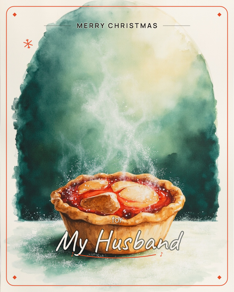 A single fruit tart sits centre stage against a deep teal archway, its crimped golden crust cradling glossy red filling and pale peach slices, a christmas e-card design