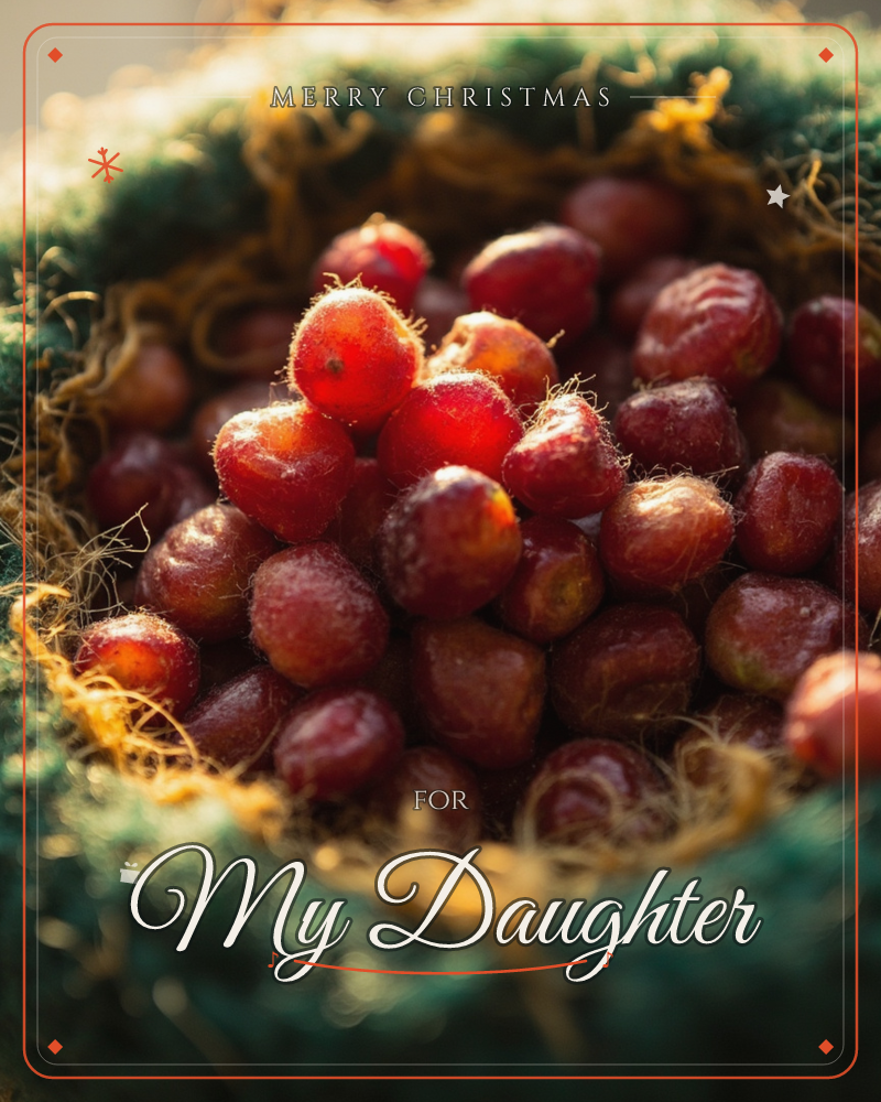 A close-up photograph of red grapes piled inside a woven green and gold basket, sunlight raking across their skins to make them glow amber and crimson, a christmas e-card design