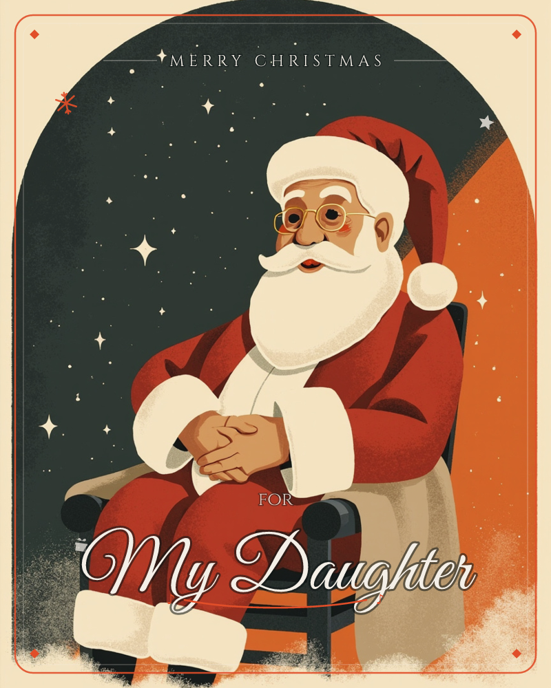 Santa Claus sits calmly in a dark wooden armchair beneath an arched frame, hands folded in his lap, round glasses catching a warm glow, a christmas e-card design