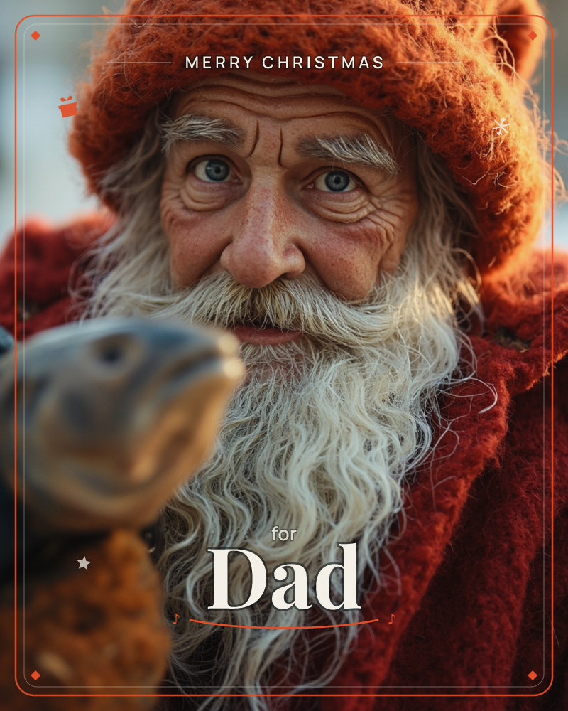 A close-up portrait shows an older man with a long, wild white beard and a knitted rust-red hat, his weathered face lit by soft daylight, a christmas e-card design