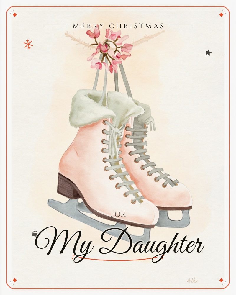A pair of blush-pink figure skates hangs by their pale laces, sage fur trim curling at the ankles and metal blades catching the light, a christmas e-card design