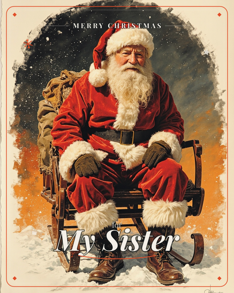 Santa Claus sits squarely in an old wooden sleigh, a stuffed burlap sack propped behind him, snow settling on his boots, a christmas e-card design