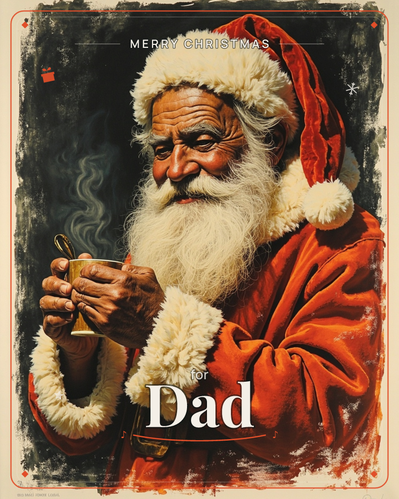 A close-up portrait shows an old man with a long white beard, dressed in a red fur-trimmed coat and matching cap, cradling a warm steaming mug in his…, a christmas e-card design