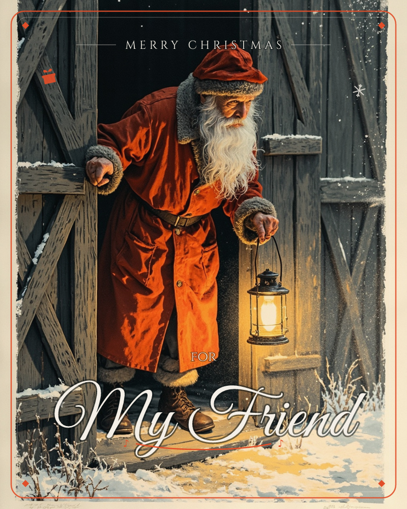 A weathered old man in a long red coat and fur-trimmed cap steps through a rustic barn's wooden doors, holding a glowing lantern low to light his way, a christmas e-card design