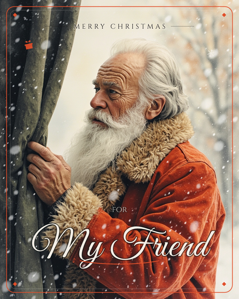 An elderly man with a long white beard and fur-trimmed red velvet coat pulls back a heavy curtain to peer out at falling snow, a christmas e-card design