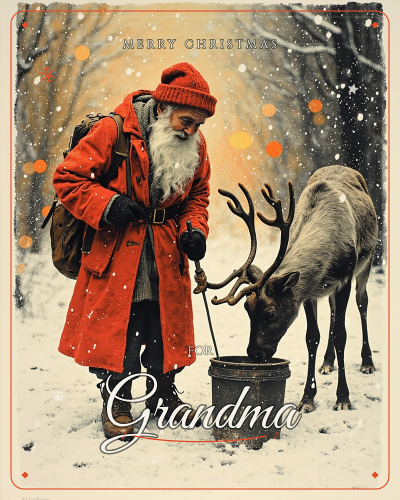A man in a long red coat and knit cap stands in a snowy forest, feeding a reindeer from a dark metal bucket, a christmas e-card design
