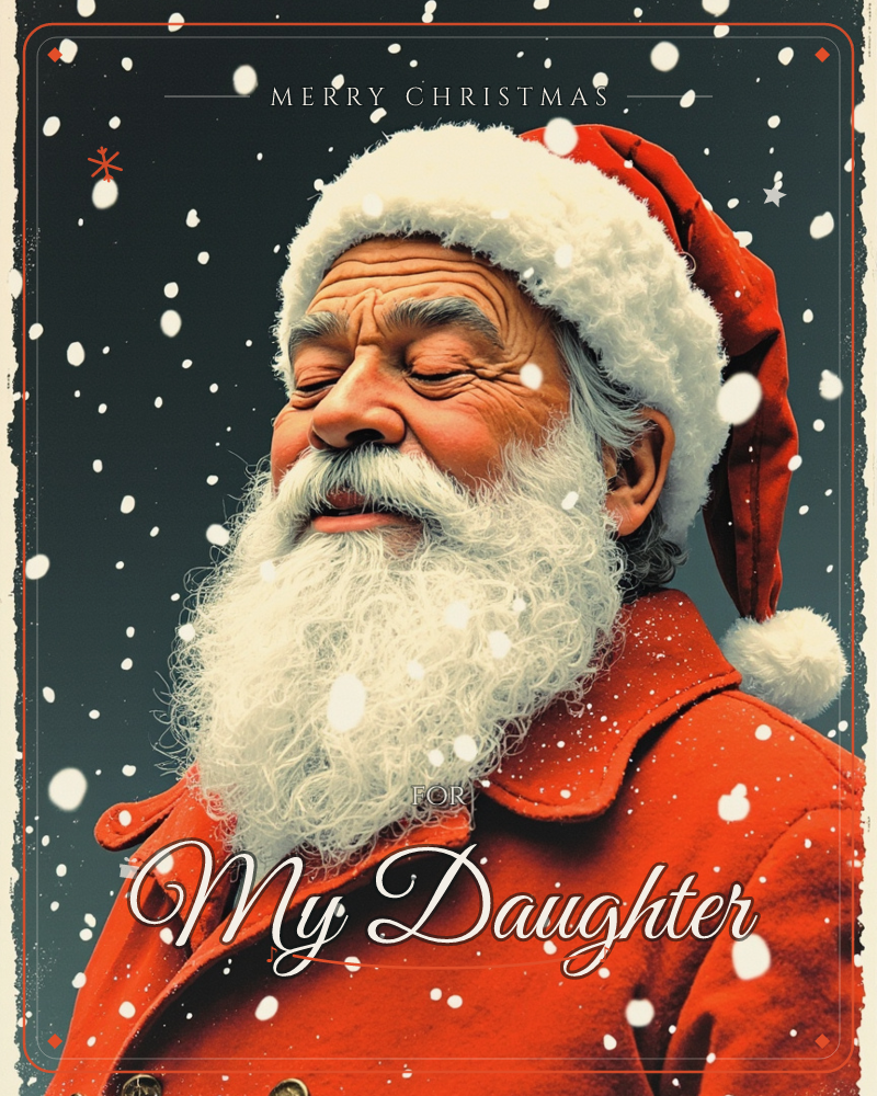 A close-up portrait of a man dressed as Santa Claus, eyes closed with a peaceful expression, his thick white beard and fur-trimmed red hat catching…, a christmas e-card design