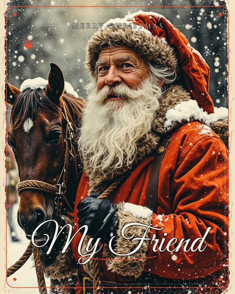 A snowy close-up shows a white-bearded man in a fur-trimmed red coat and hat standing beside a brown horse with a white blaze, snowflakes settling on…, a christmas e-card design