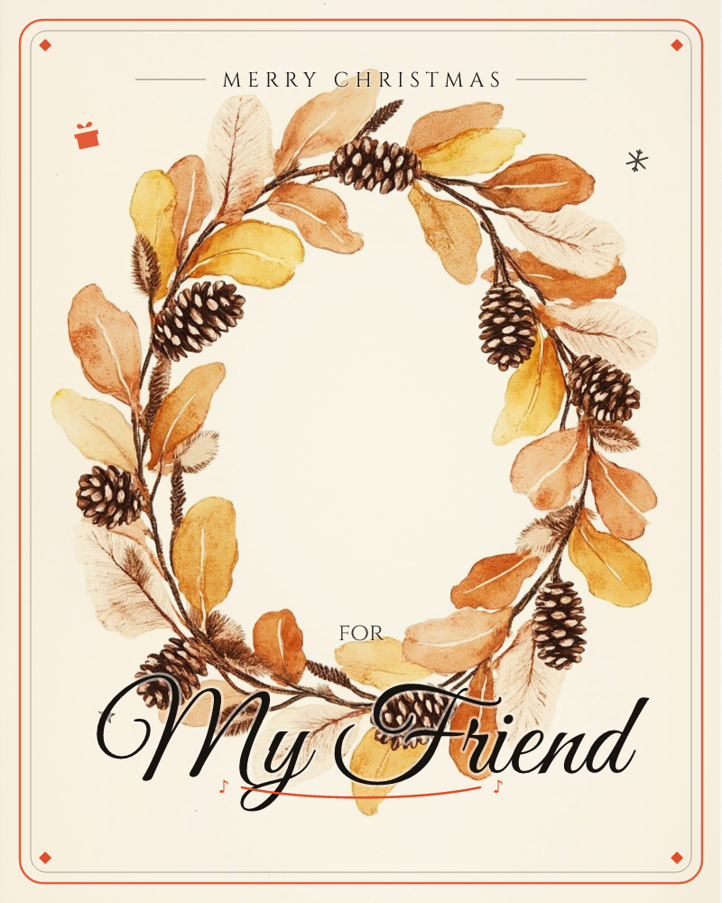 A watercolour wreath of autumn leaves and pinecones curves into a loose oval on a warm cream background, a christmas e-card design