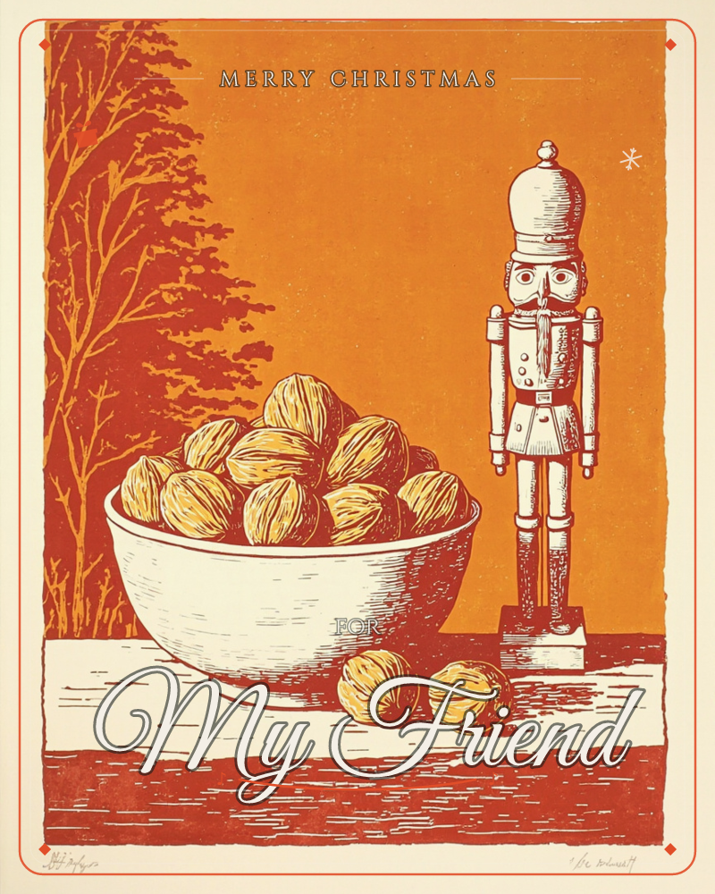A woodcut-style print shows a white bowl heaped with walnuts beside a tall wooden nutcracker figure, set against a bold burnt-orange background with a…, a christmas e-card design