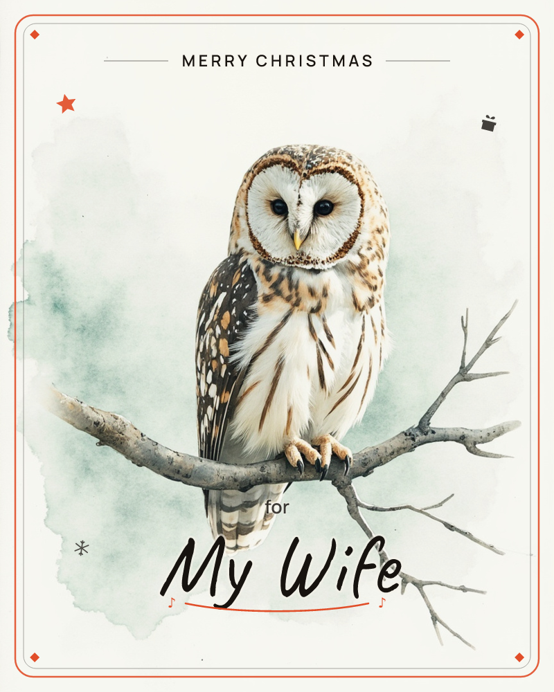 A barred owl perches on a bare, forked branch, its heart-shaped face turned to look straight out with wide dark eyes, a christmas e-card design
