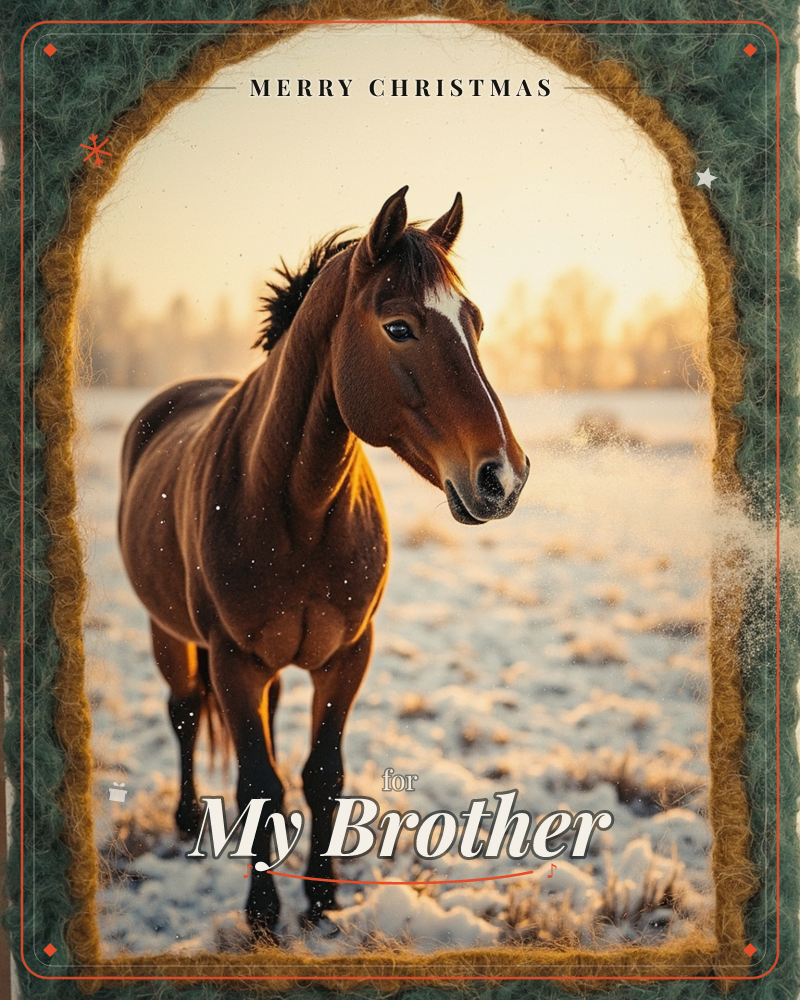 A chestnut horse with a white blaze stands alone in a frosty winter field, its coat catching golden low-angled sunlight while snow dusts the ground and…, a christmas e-card design