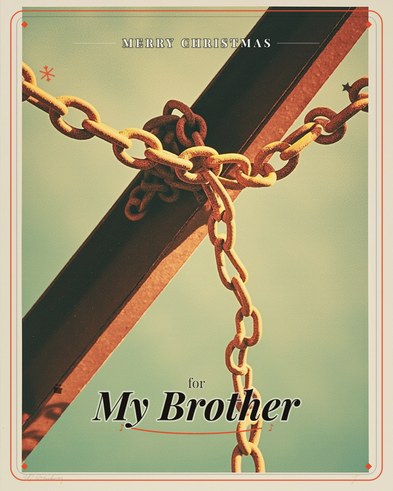 A close-up illustration shows a rusted metal beam crossing diagonally under a pale teal-green sky, with a heavy chain looped and knotted tightly around it, a christmas e-card design