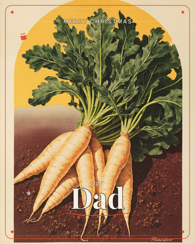 A bundle of freshly pulled carrots lies against dark, crumbly soil, their pale golden roots and leafy green tops fanned out under a glowing…, a christmas e-card design
