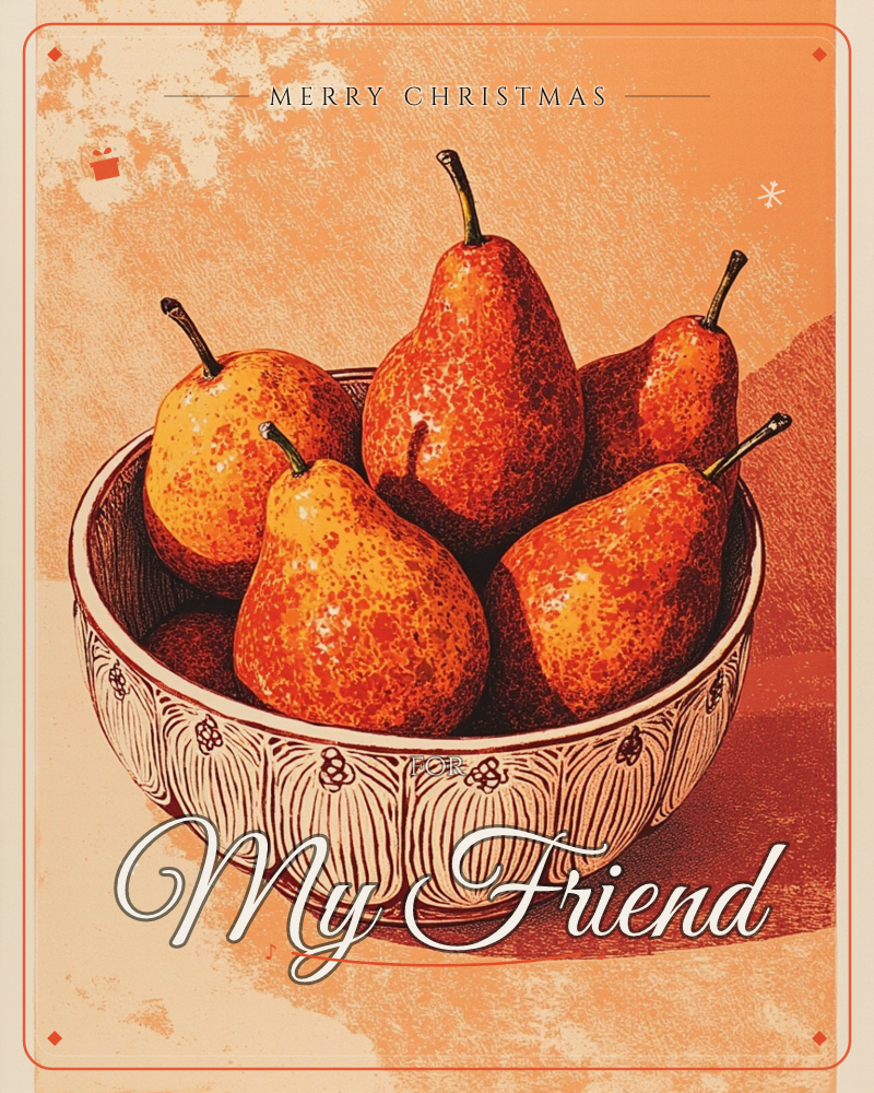 A patterned ceramic bowl is piled high with speckled red-orange pears, their stems poking up at all angles, a christmas e-card design