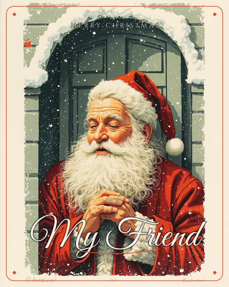 Santa Claus stands close before a snow-capped arched doorway, hands clasped together as if warming them or pausing in thought, snowflakes drifting past…, a christmas e-card design