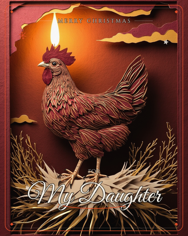 A layered paper-cut chicken stands proudly on a nest of straw, its comb glowing like a flame against a warm sunset-red backdrop, a christmas e-card design