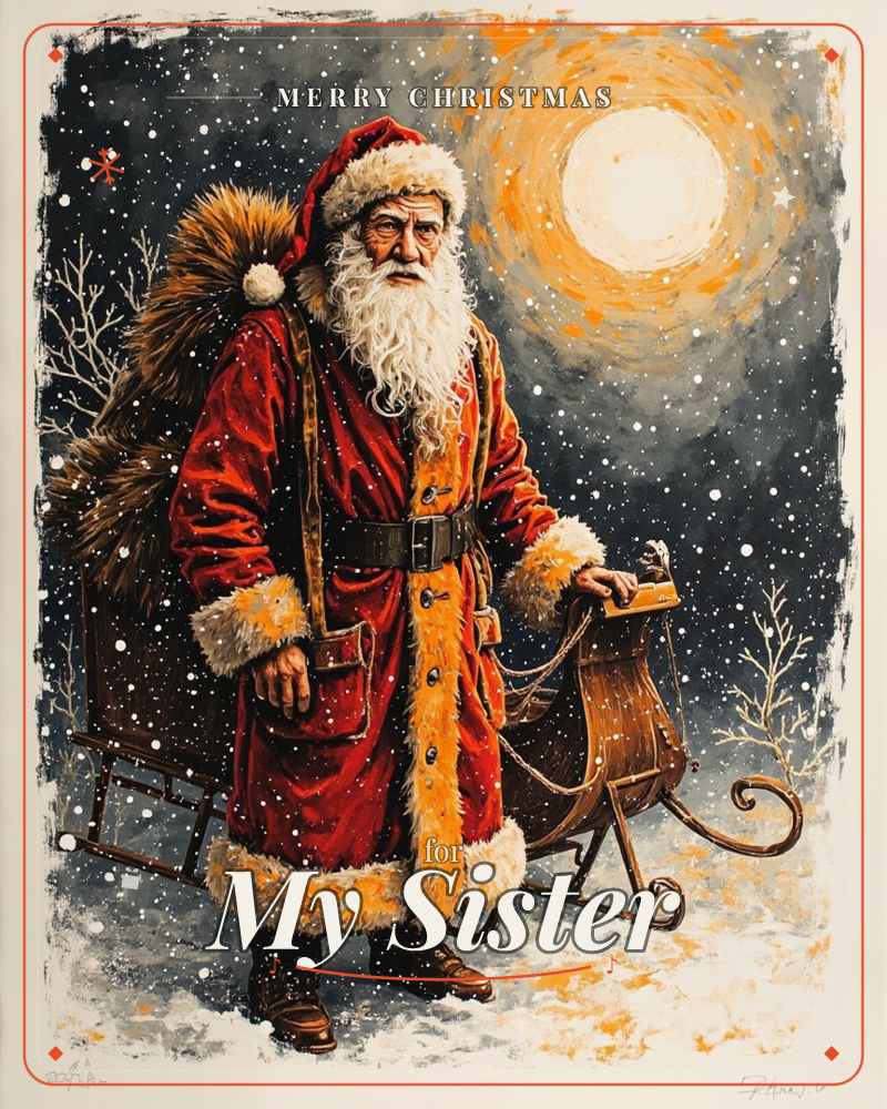 Santa stands beside a wooden sleigh under a swirling golden moon, a sack slung over his shoulder as snow falls thick around him, a christmas e-card design