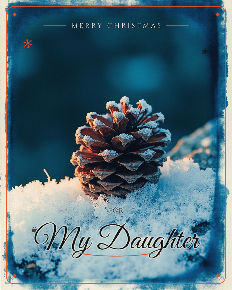 A single pinecone rests on a bank of glittering snow, its scales frosted with tiny ice crystals and catching a warm amber light from one side, a christmas e-card design