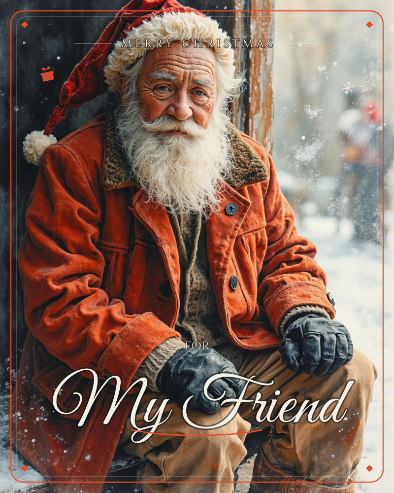 An elderly man with a long white beard sits against a weathered doorway, wearing a red Santa hat and a worn burnt-orange coat with dark leather gloves, a christmas e-card design